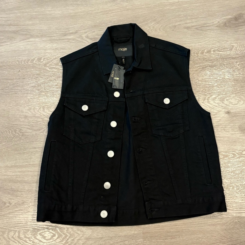 Maje Beny Black Denim Sleeveless Jean Jacket
